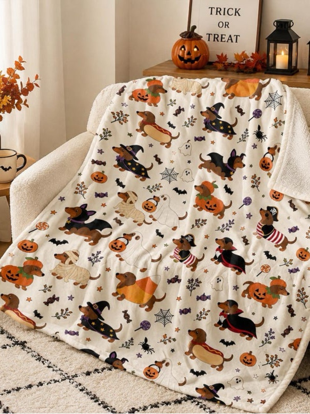 Halloween Dachshund Sherpa Throw Blanket - Cream